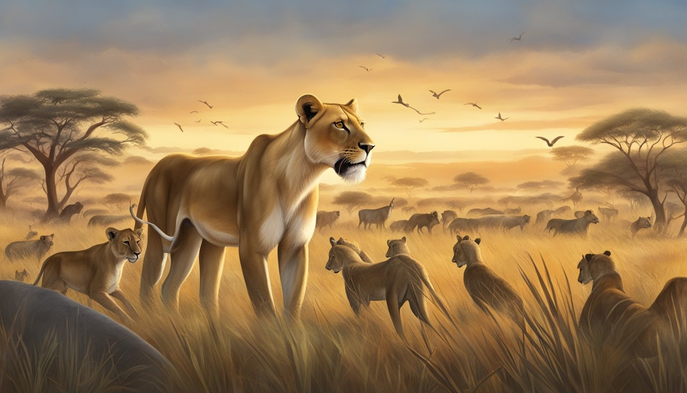 A savannah landscape with a lone lioness hunting and feasting on a fresh kill, surrounded by a variety of wild game animals