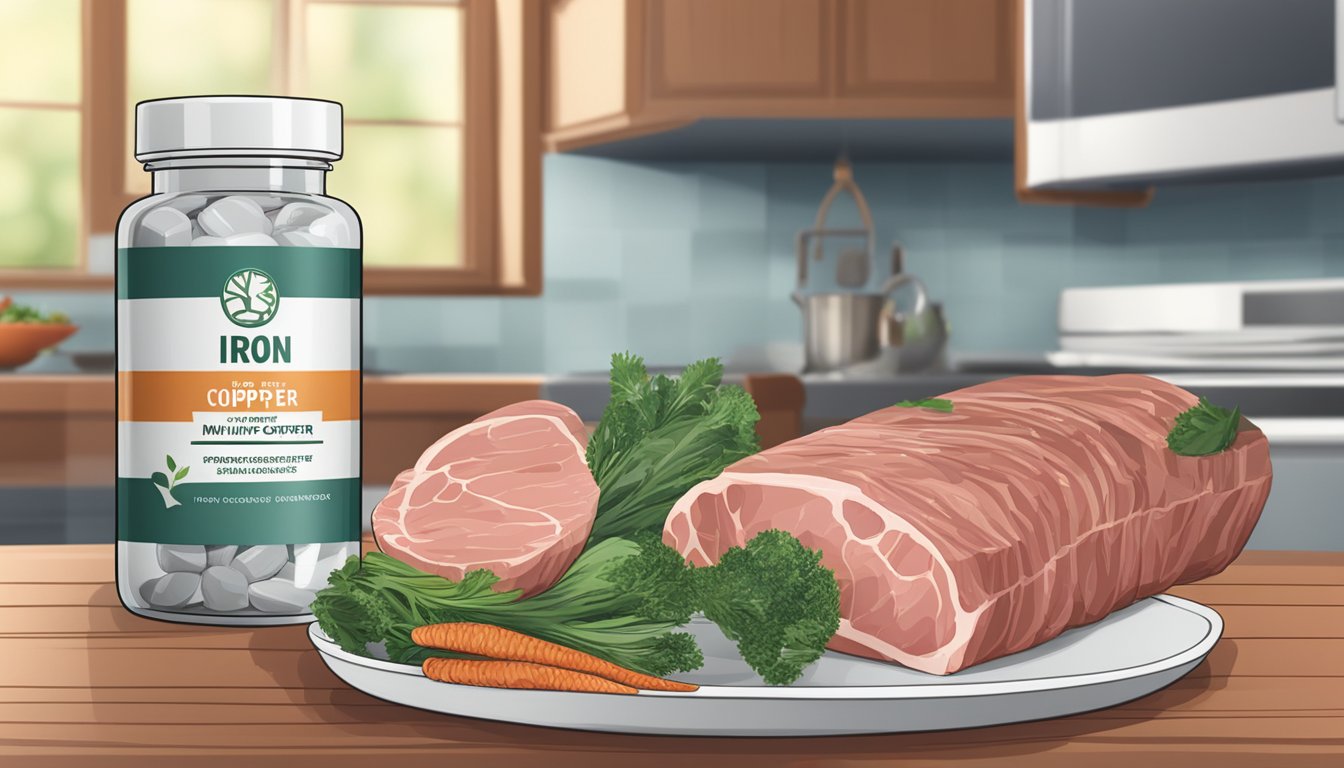 A bottle of multi mineral supplements sits on a kitchen counter, next to a plate of raw meat. The supplements are labeled "iron and copper free."