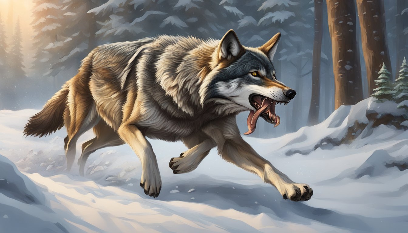 A wolf hunting and devouring a fresh kill, its powerful jaws tearing into the meat, showcasing the importance of a carnivore diet for joint health