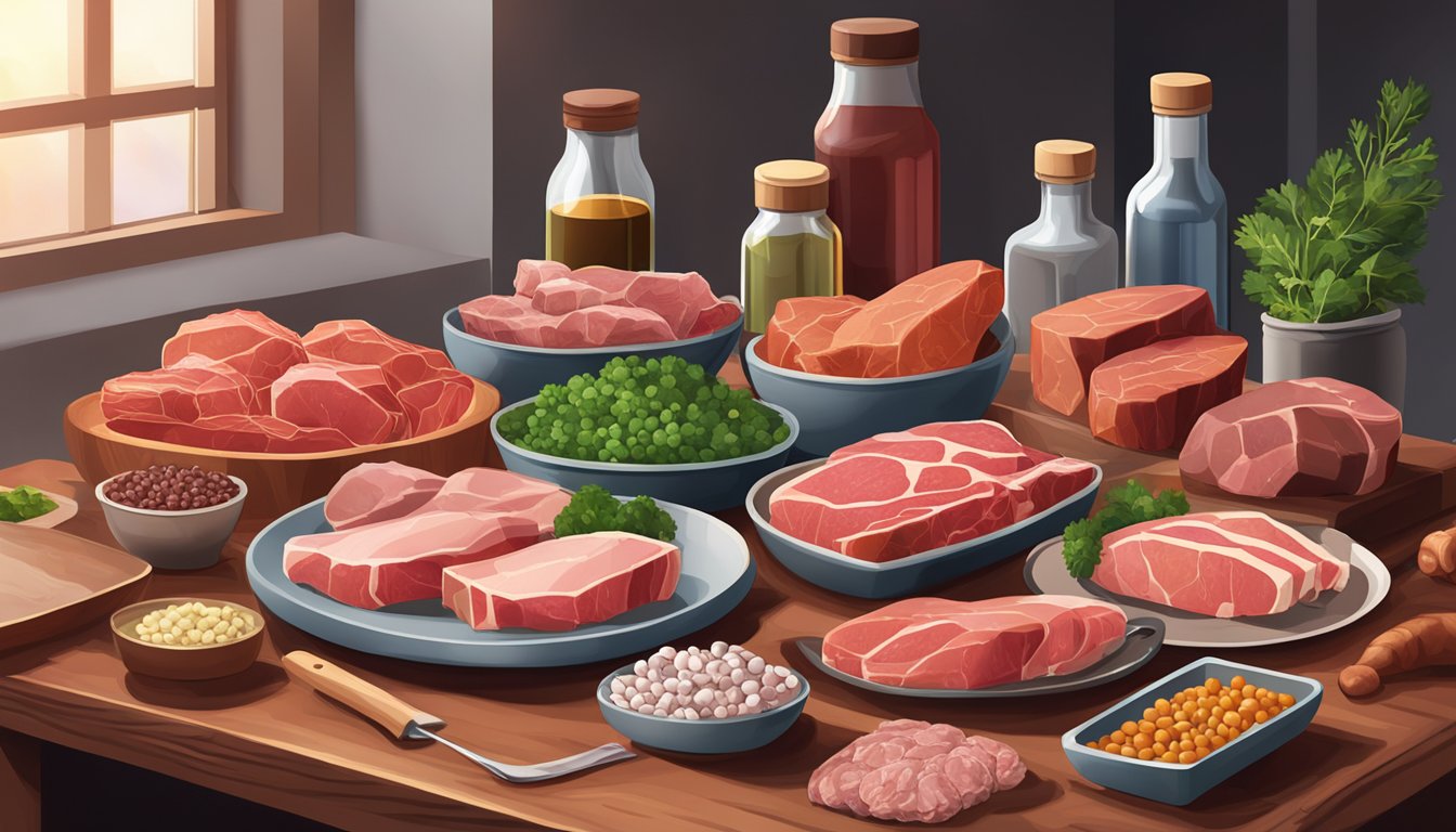 A table with various raw meats and organ meats, alongside bottles of iron and copper free multi mineral supplements