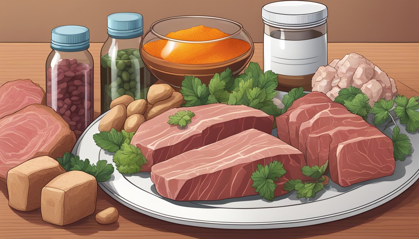 A table with various mineral supplements, including iron and copper free options, displayed next to a plate of raw meat