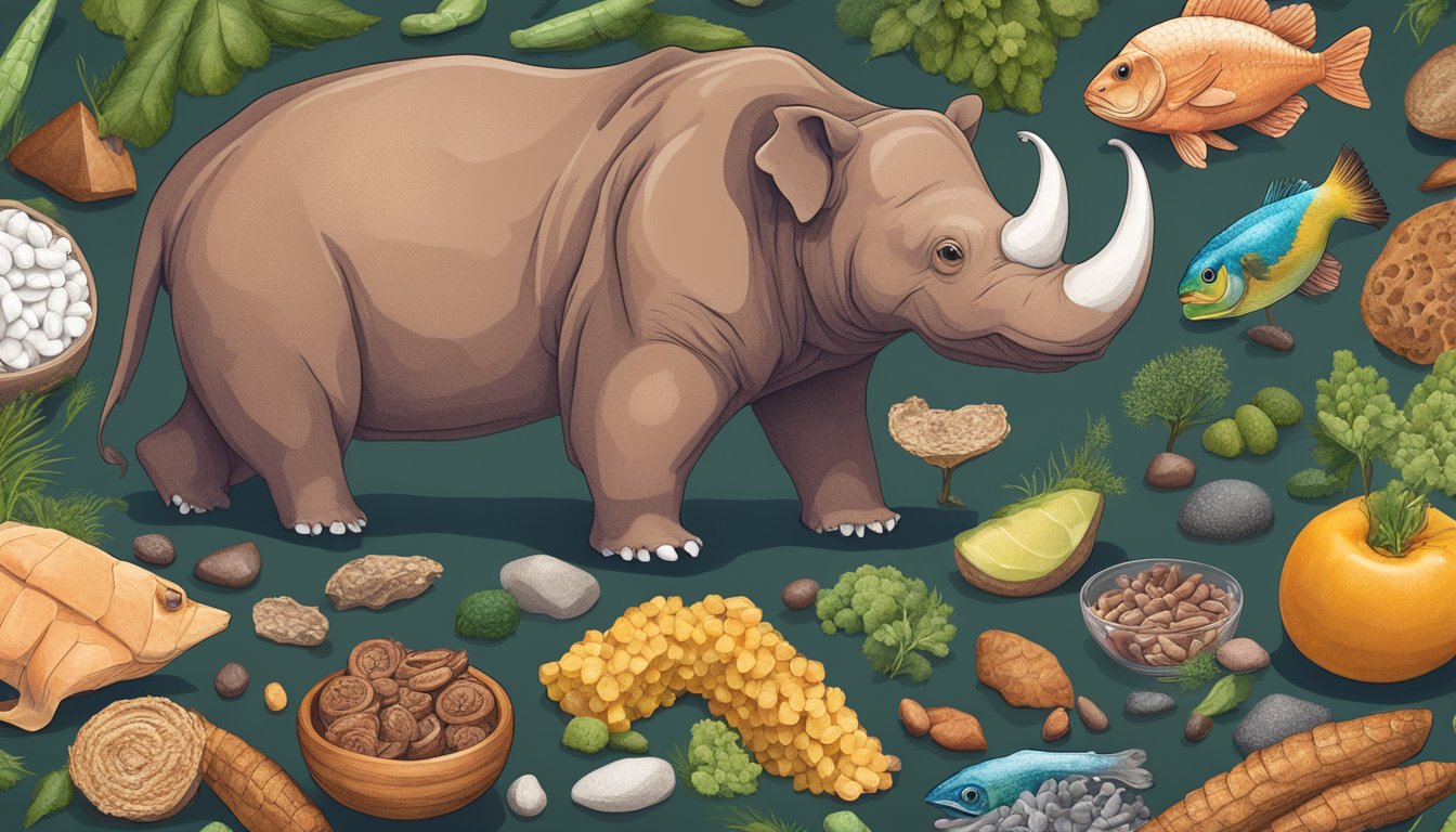 A carnivorous animal surrounded by a variety of mineral-rich foods, with a selection of iron and copper-free multi-mineral supplements nearby