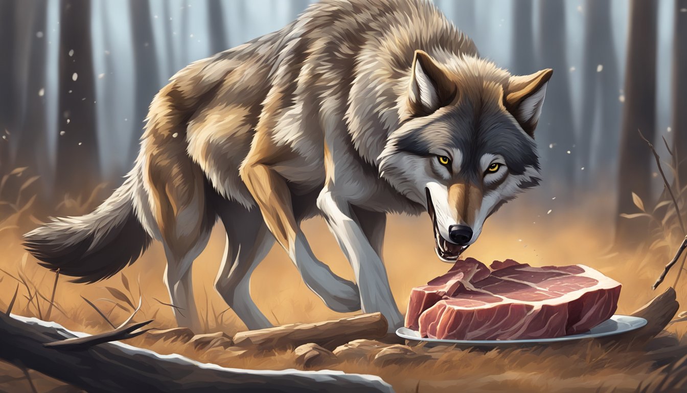 A wolf hunts and devours a freshly caught deer, its powerful jaws tearing into the meat, illustrating the importance of quality food for joint health on a carnivore diet