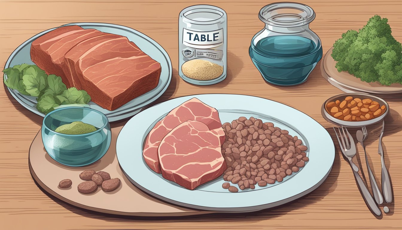 A table with various mineral supplements, labeled "iron and copper free," next to a plate of raw meat