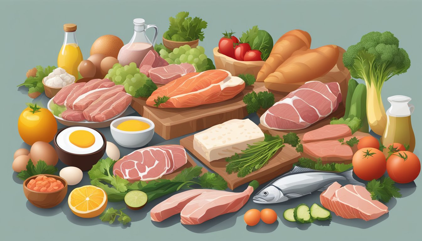 A table filled with various meats, fish, eggs, and non-dairy products, surrounded by fresh vegetables and fruits