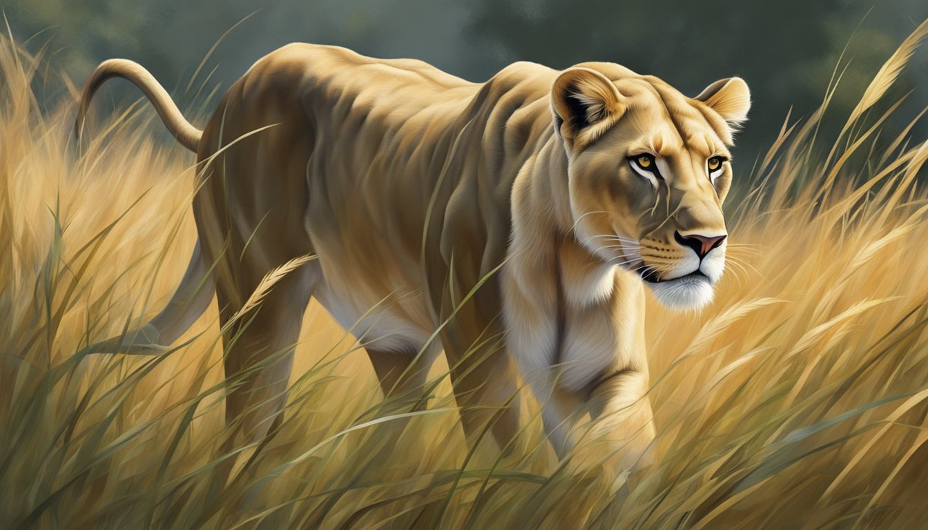 A lioness prowls through tall grass, her sleek muscles rippling as she stalks her prey. The primal energy of the hunt exudes from her powerful form