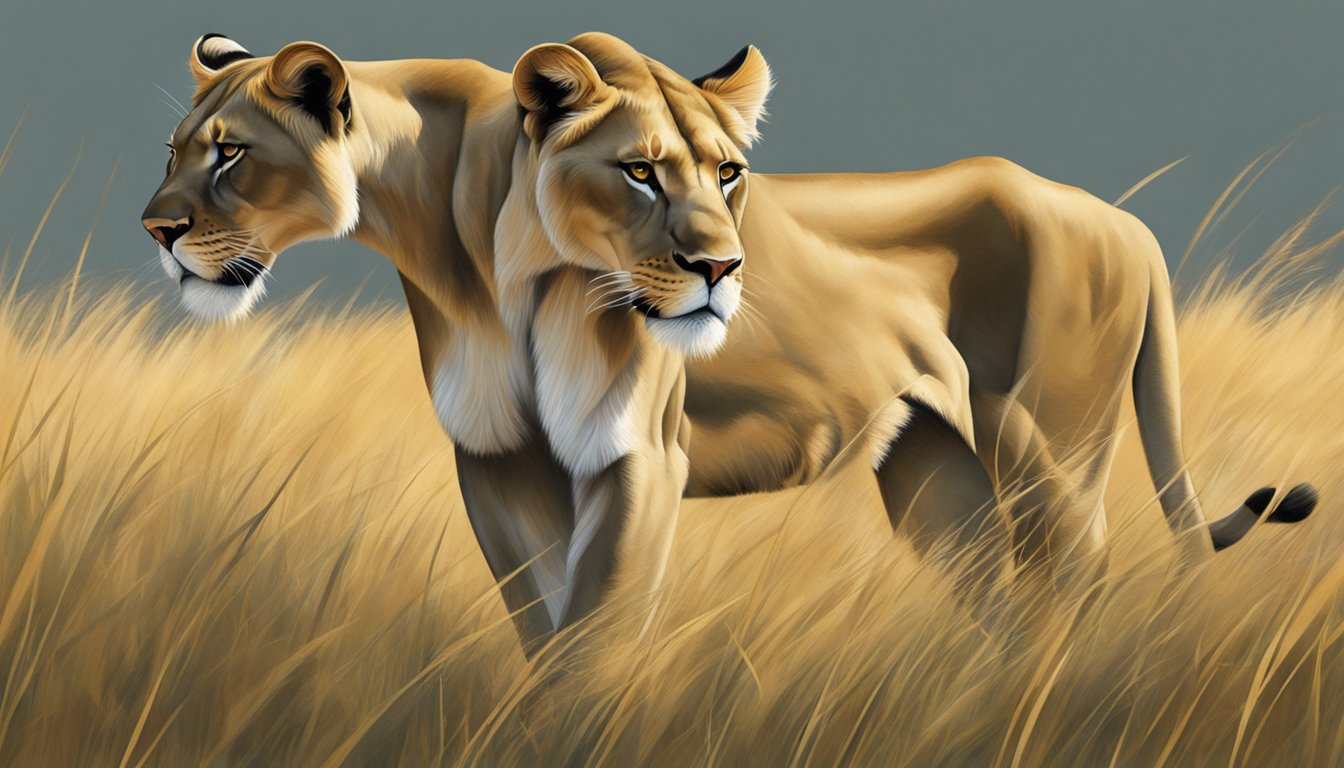 A lioness prowls through the grass, her powerful muscles rippling beneath her sleek coat. She surveys the savannah with a keen, focused gaze, exuding strength and vitality