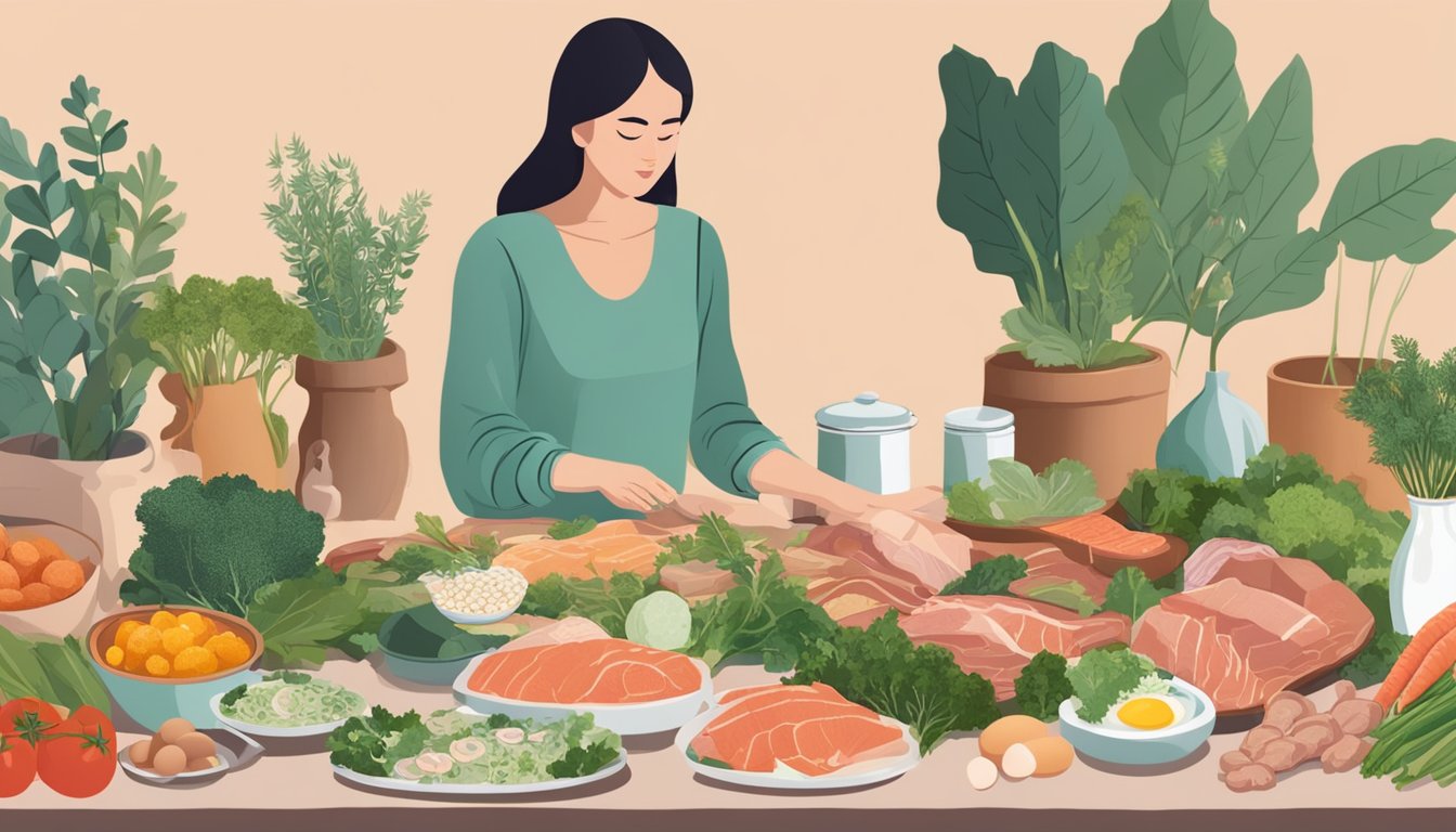 A table spread with various meats, fish, and eggs, surrounded by fresh vegetables and herbs. A woman with endometriosis looks on, considering her dietary options