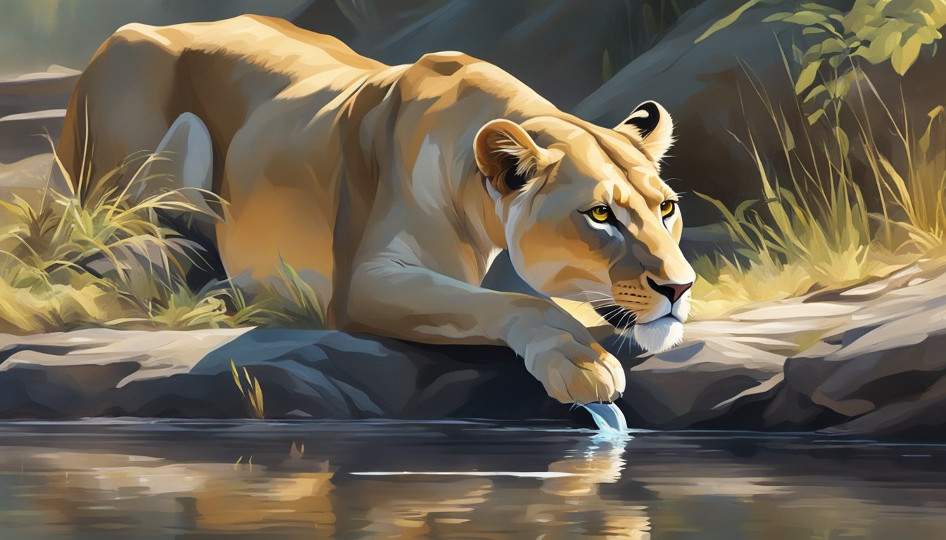 A lioness drinks from a clear stream, her sleek form reflecting in the water. Nearby, a pile of bones from a recent kill glistens in the sunlight