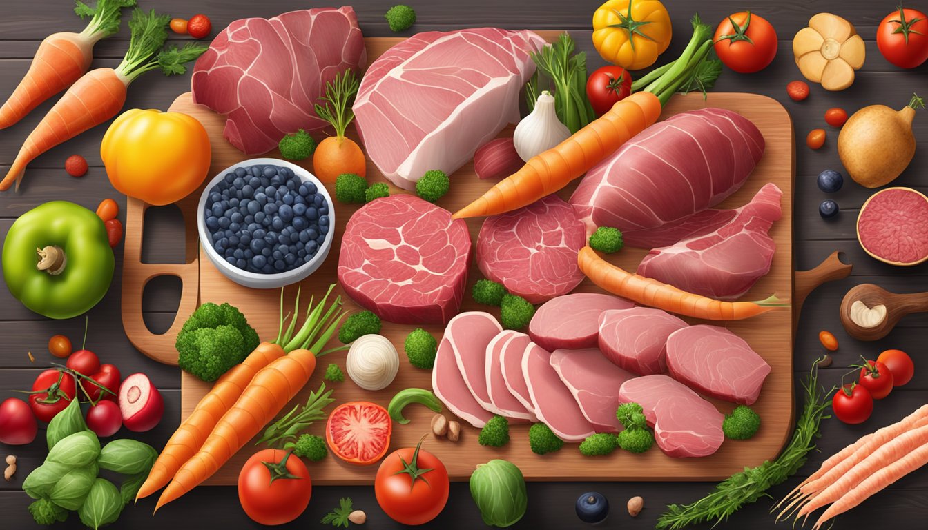 A variety of fresh, raw meats and organ meats arranged on a wooden cutting board, surrounded by vibrant, colorful vegetables and fruits