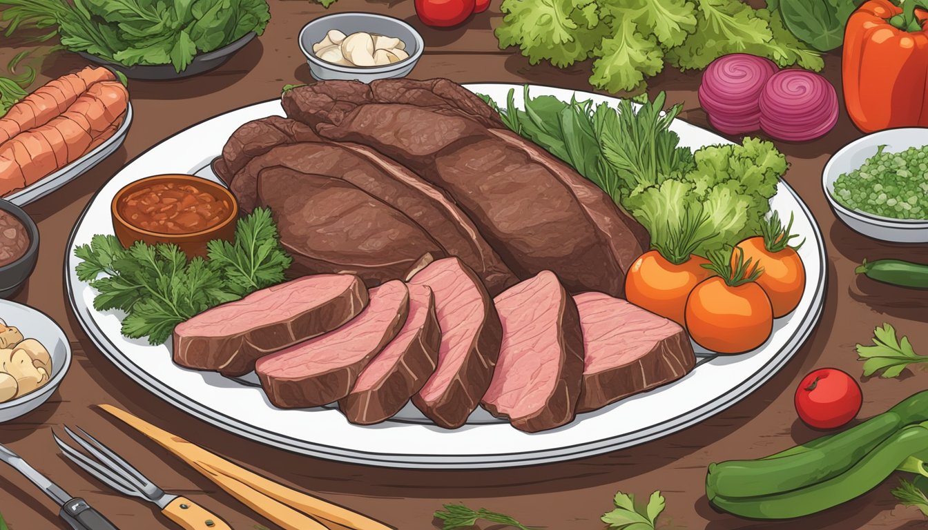 A plate of assorted organ meats, including liver, surrounded by fresh vegetables and herbs