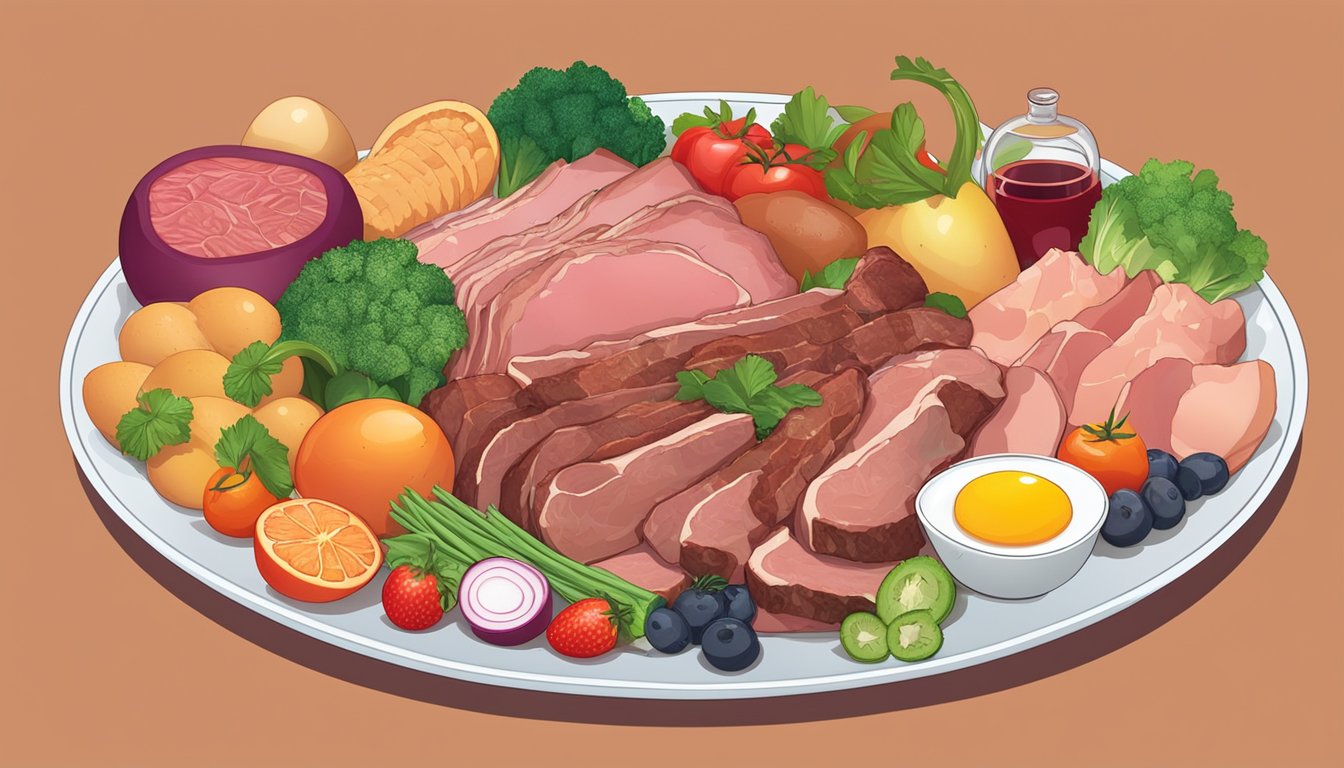 A plate filled with various types of meat, eggs, and organ meats, surrounded by colorful fruits and vegetables