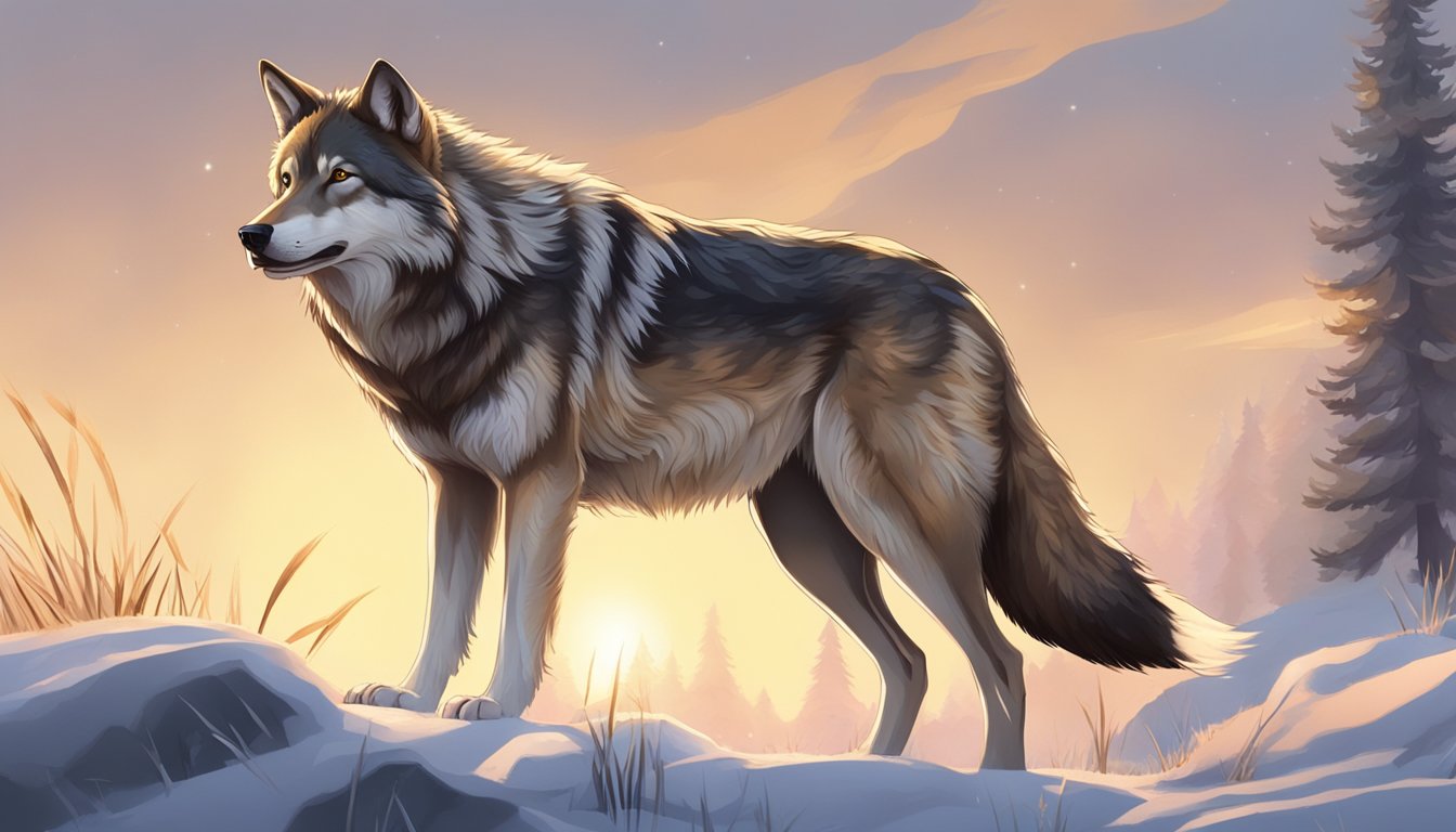 A wolf with a shiny, healthy coat standing next to a fresh kill, its liver glistening in the sunlight