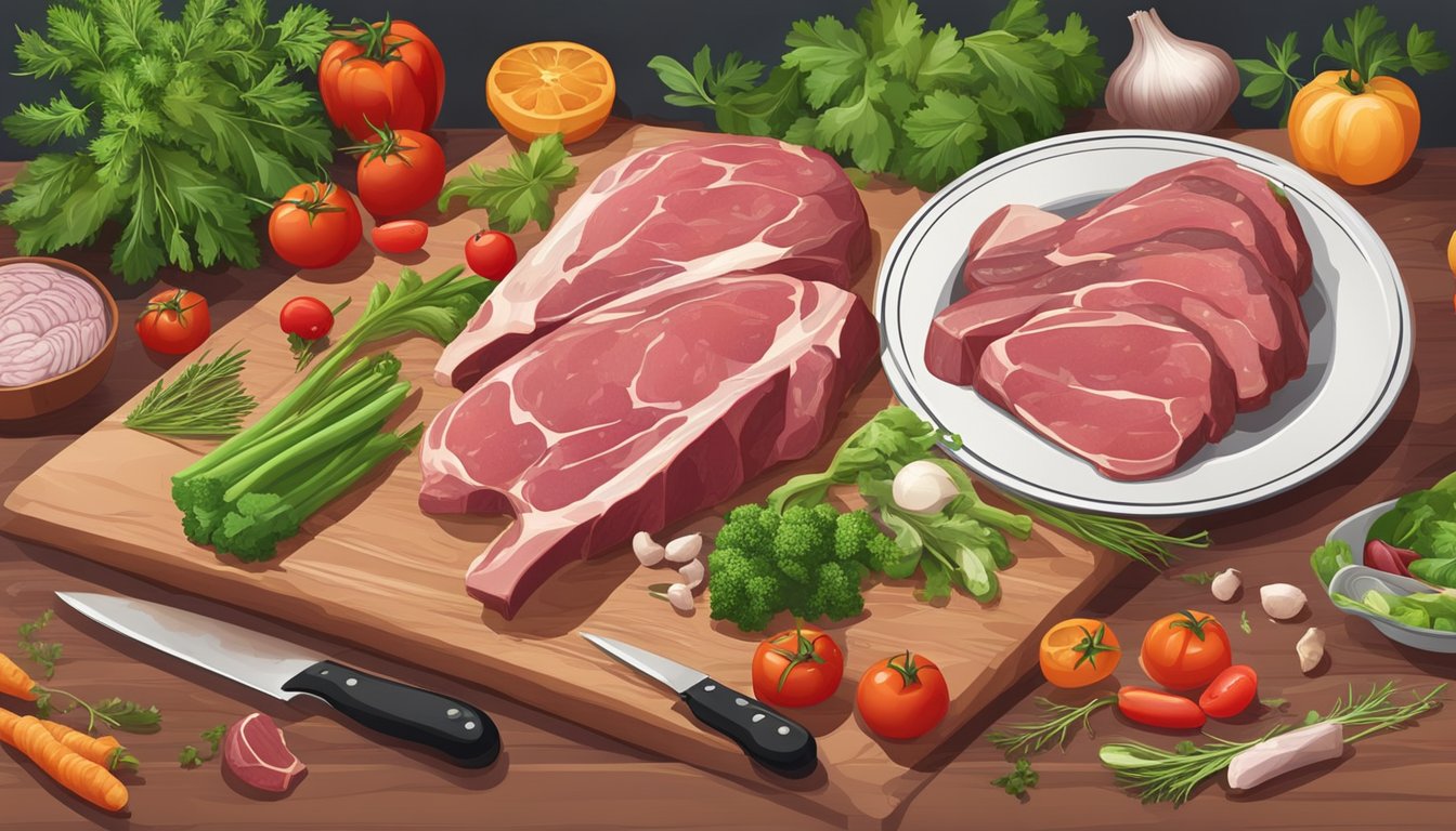 A table set with various organ meats, including liver, surrounded by fresh vegetables and herbs. A knife and cutting board are present for preparation