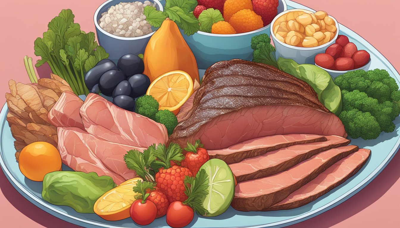 A variety of iron-rich foods like red meat, poultry, and seafood arranged on a colorful plate with fruits and vegetables