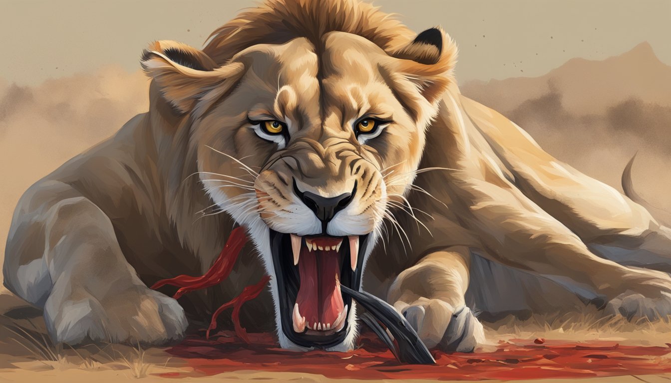 A lioness feasts on a freshly caught wildebeest, her powerful jaws tearing into the raw meat. The red blood drips from her sharp teeth, showcasing the primal nature of the carnivore diet