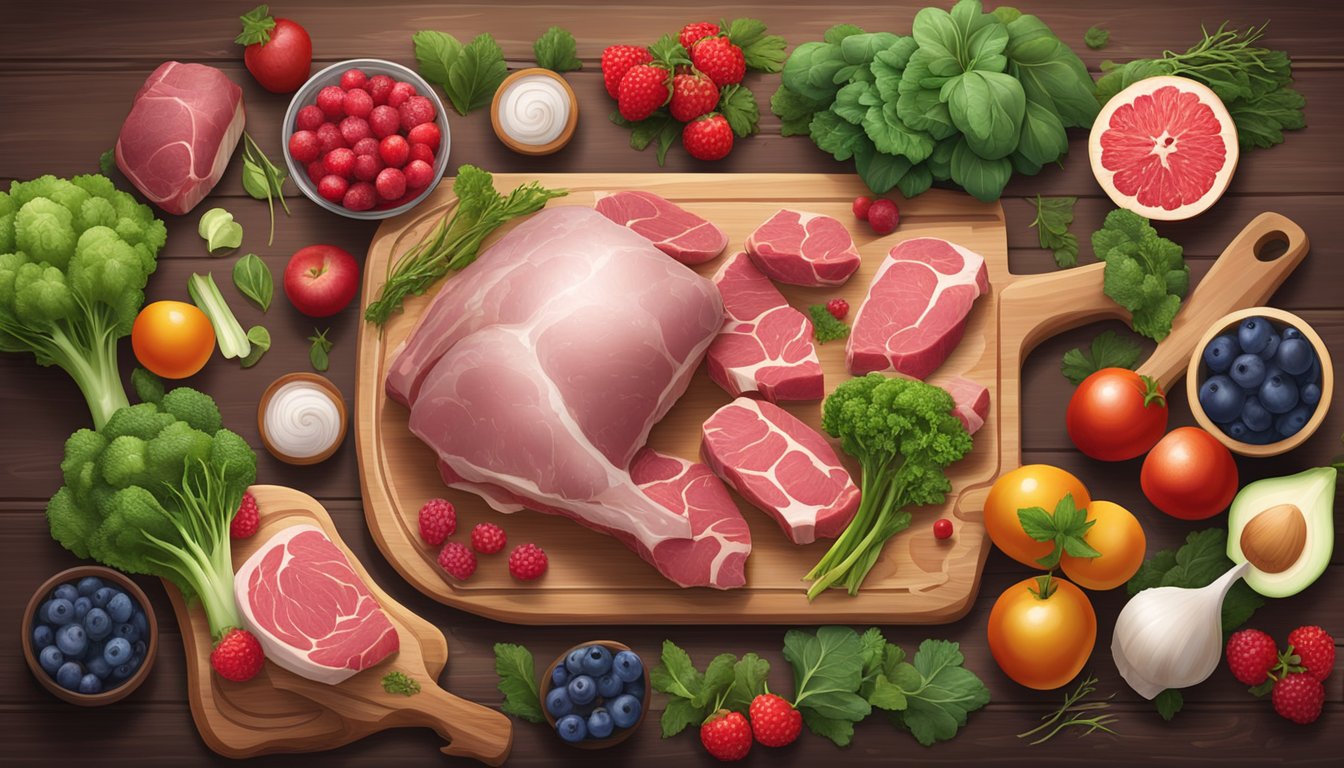 A variety of fresh, raw meats and organs arranged on a wooden cutting board, surrounded by leafy green vegetables and colorful berries