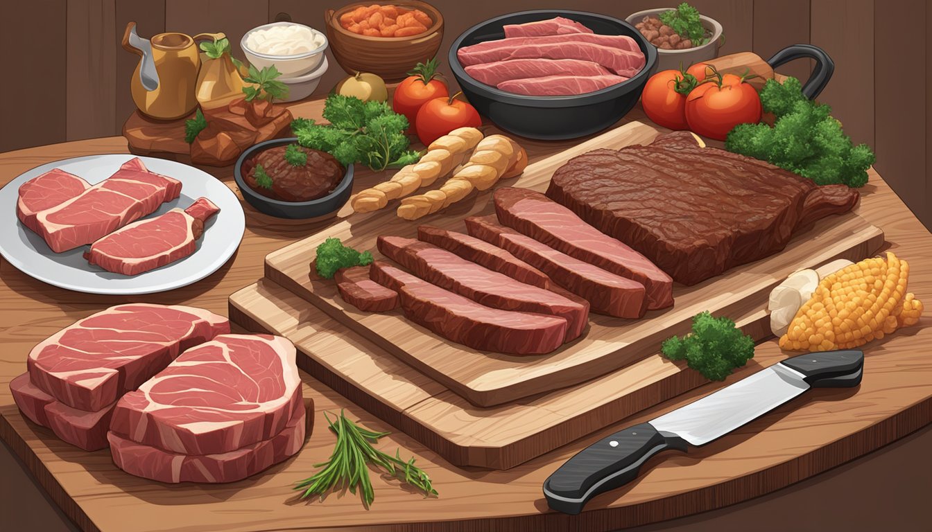 A variety of raw and cooked meat, including steak, ribs, and chicken, arranged on a wooden cutting board with a sharp knife