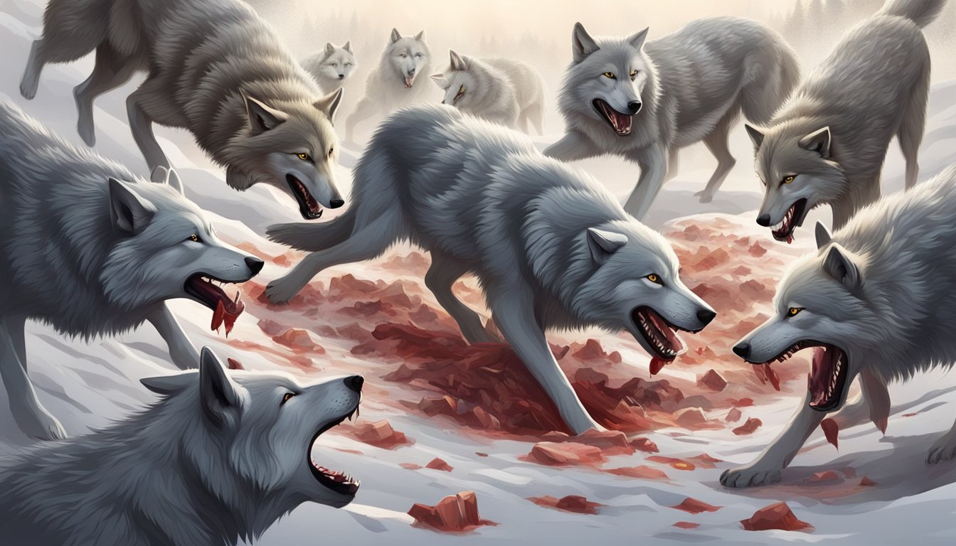 A pack of wolves tearing into a fresh kill, surrounded by a scattering of bones and blood