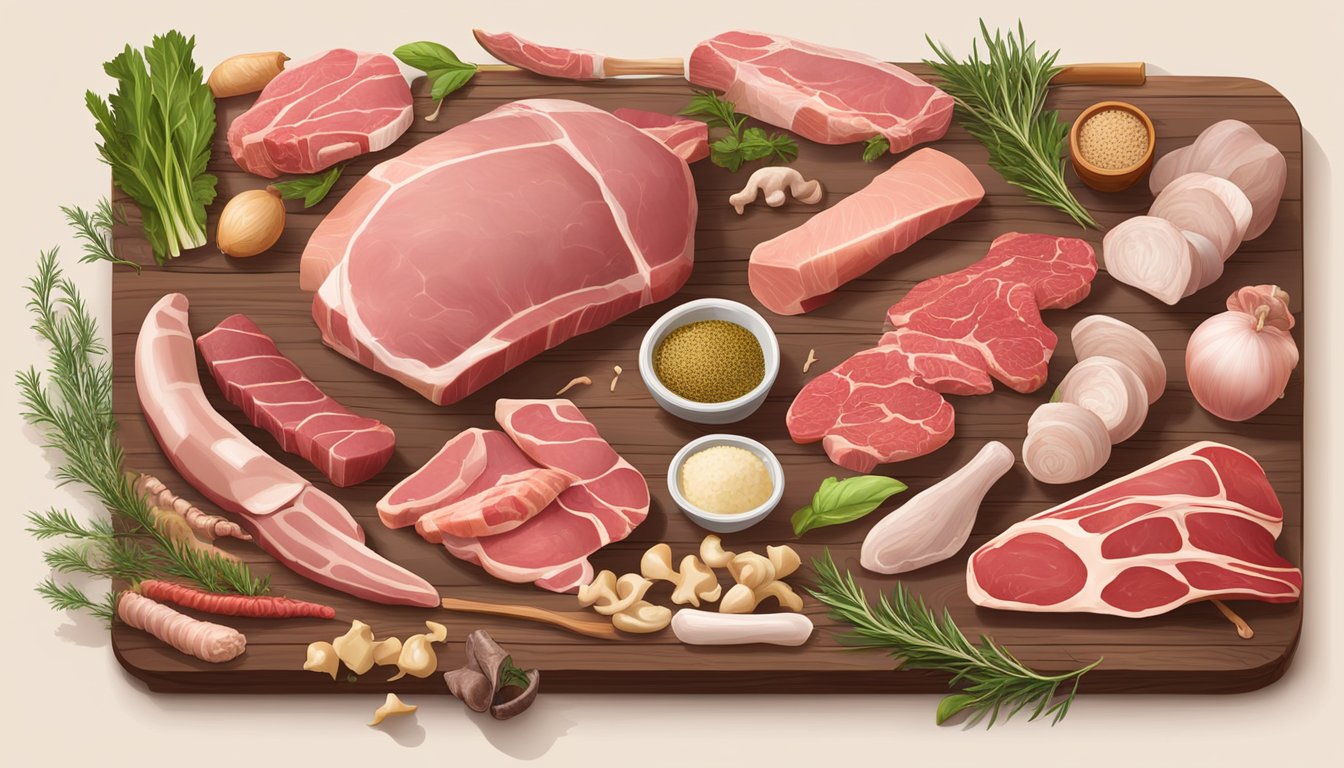 A large assortment of fresh, raw meats arranged on a wooden cutting board, surrounded by various animal bones and organs