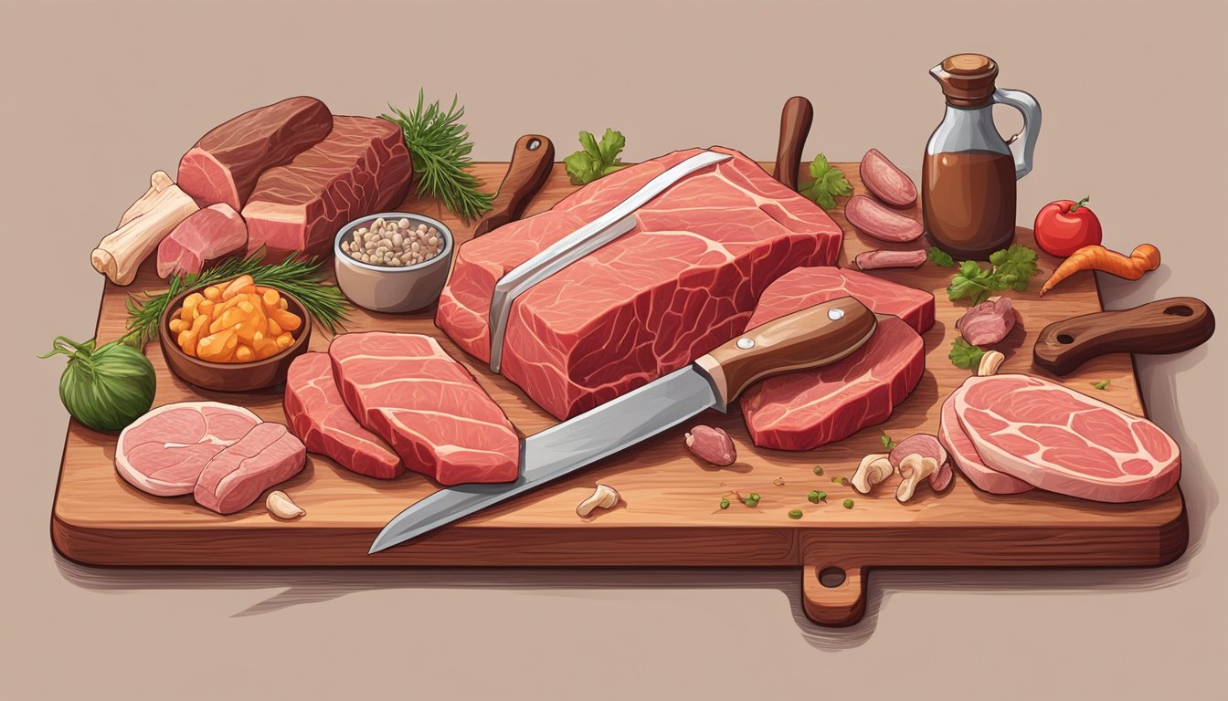 A butcher skillfully slicing various cuts of meat on a wooden cutting board, surrounded by an array of fresh meats and animal bones