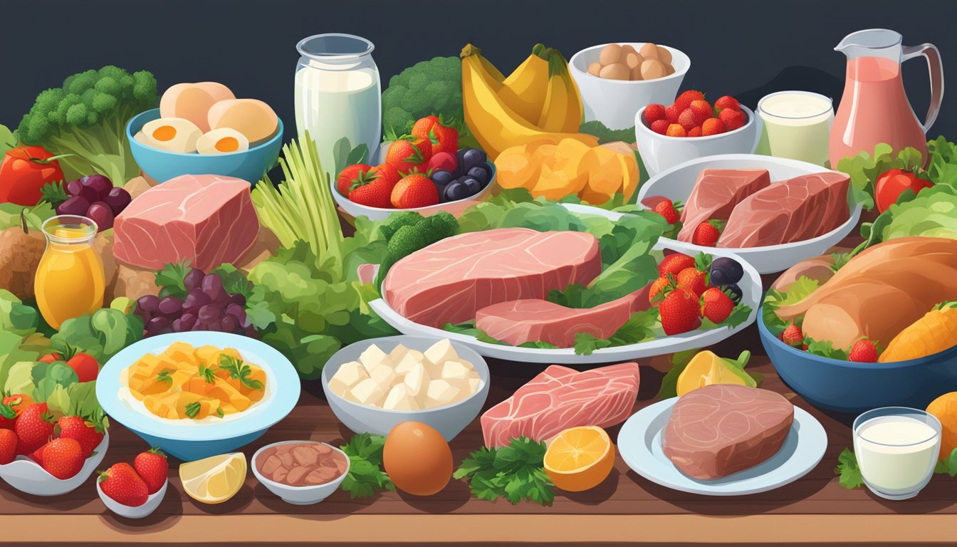 A carnivore diet: a table filled with various meats, fish, eggs, and dairy products, surrounded by vibrant fruits and vegetables