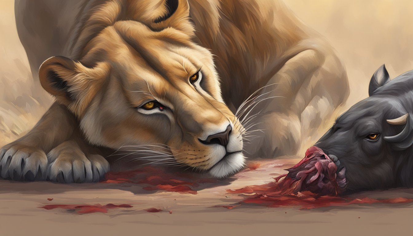 A lioness feasting on a freshly caught wildebeest, surrounded by her pride, with blood-stained fur and the sound of ripping flesh