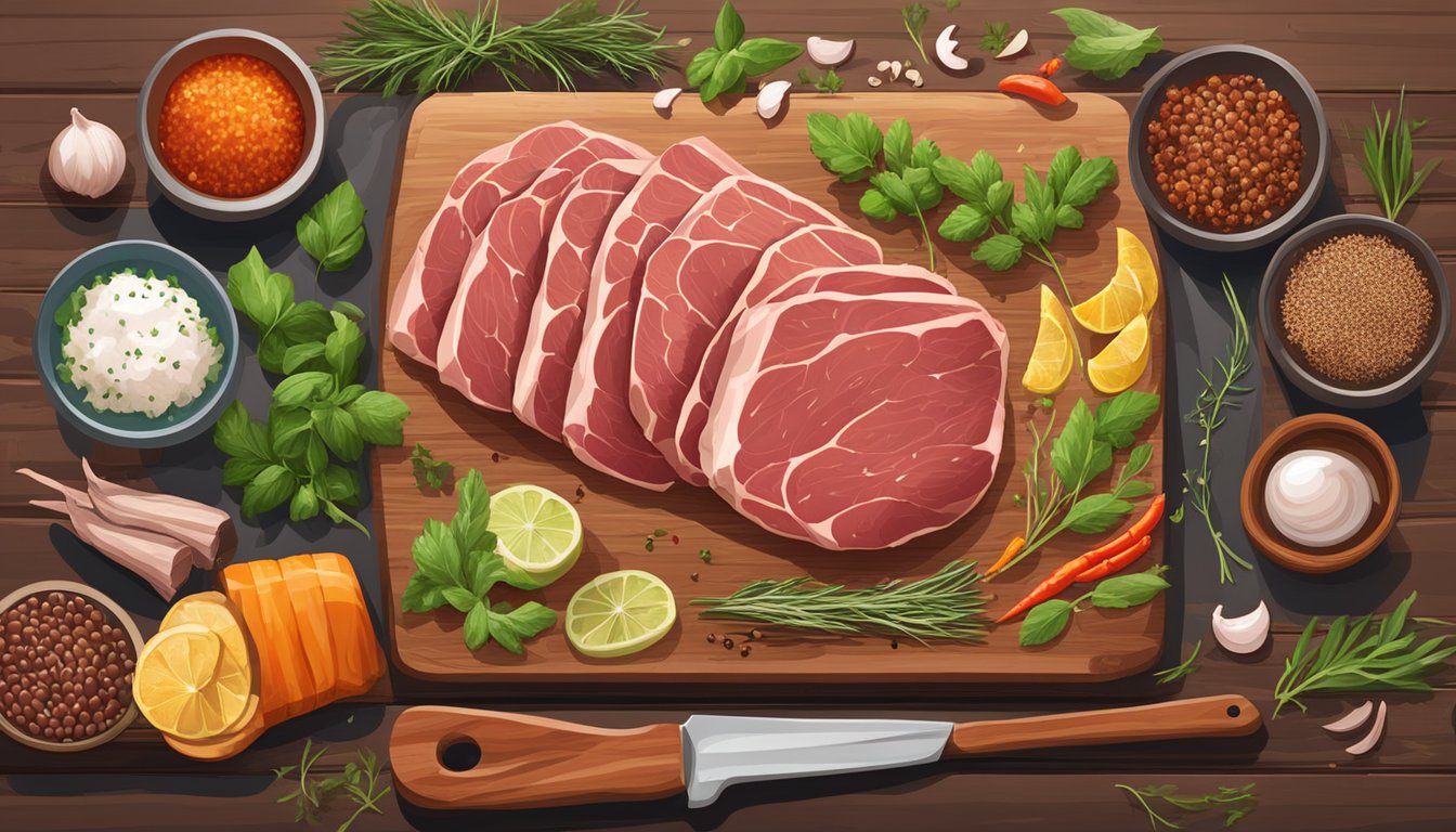 A variety of meat cuts arranged on a wooden cutting board, surrounded by fresh herbs and spices. A grill sizzling in the background