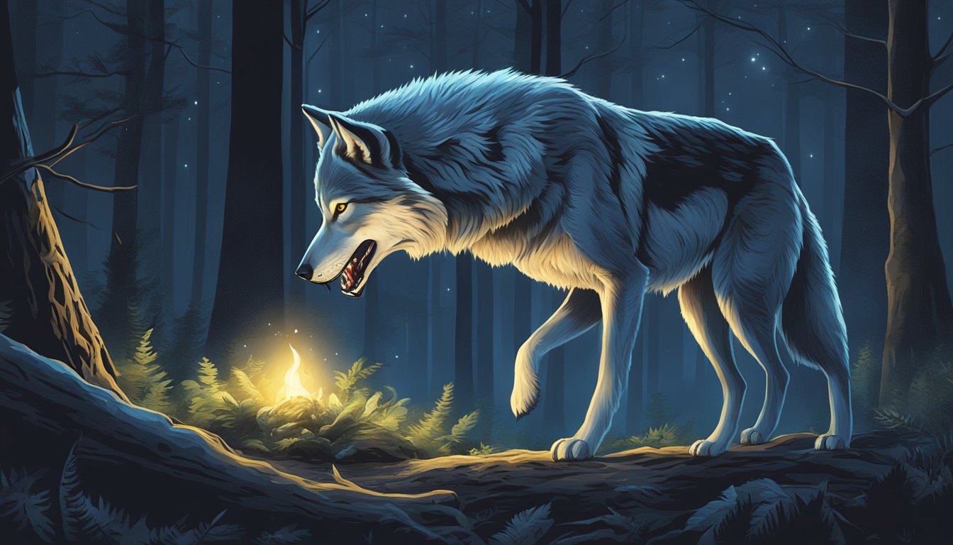 A carnivore's meal frequency: a wolf devouring a fresh kill in a moonlit forest clearing