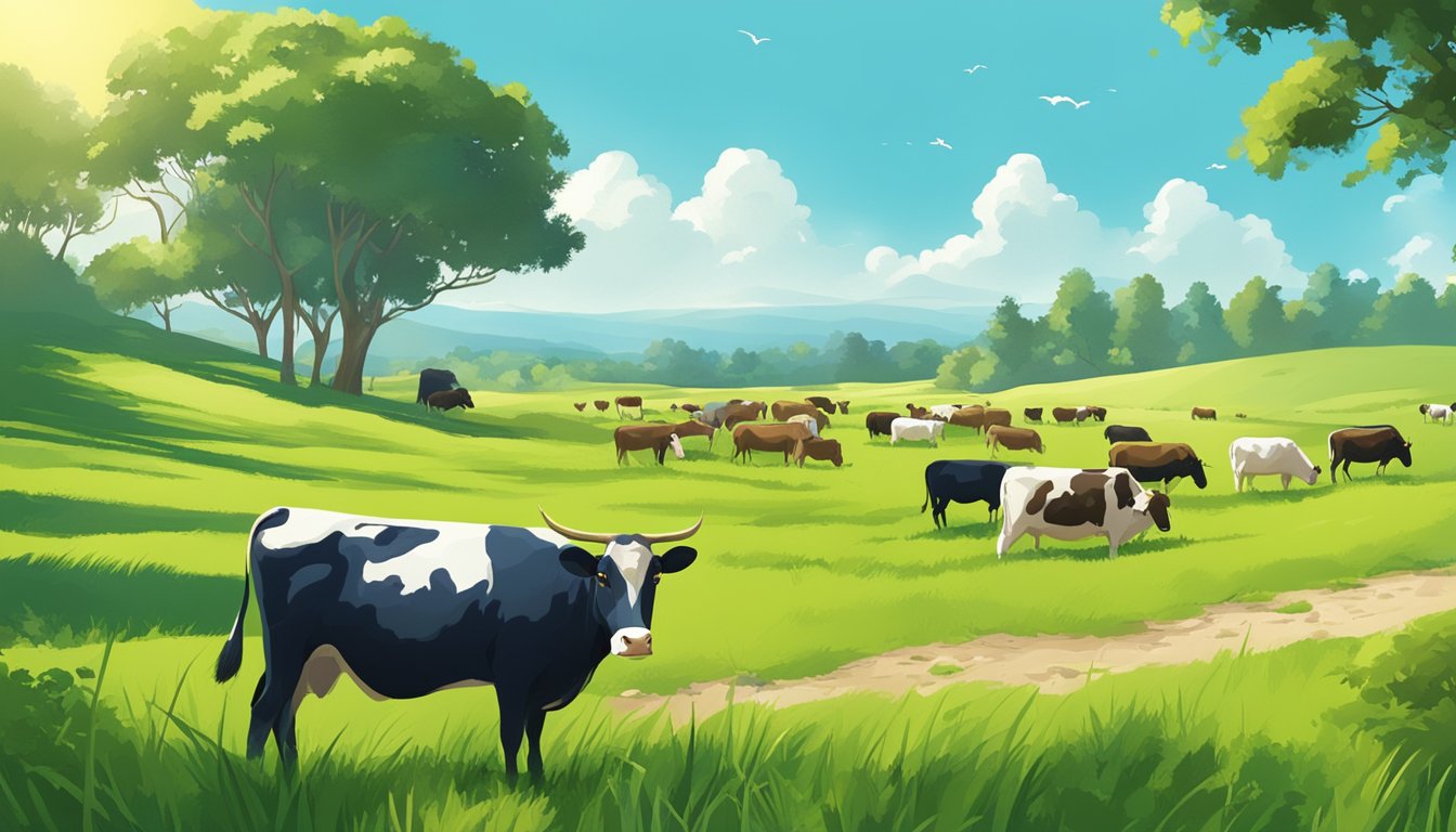 A lush green pasture with free-roaming livestock grazing under the sun, surrounded by natural vegetation and clear blue skies