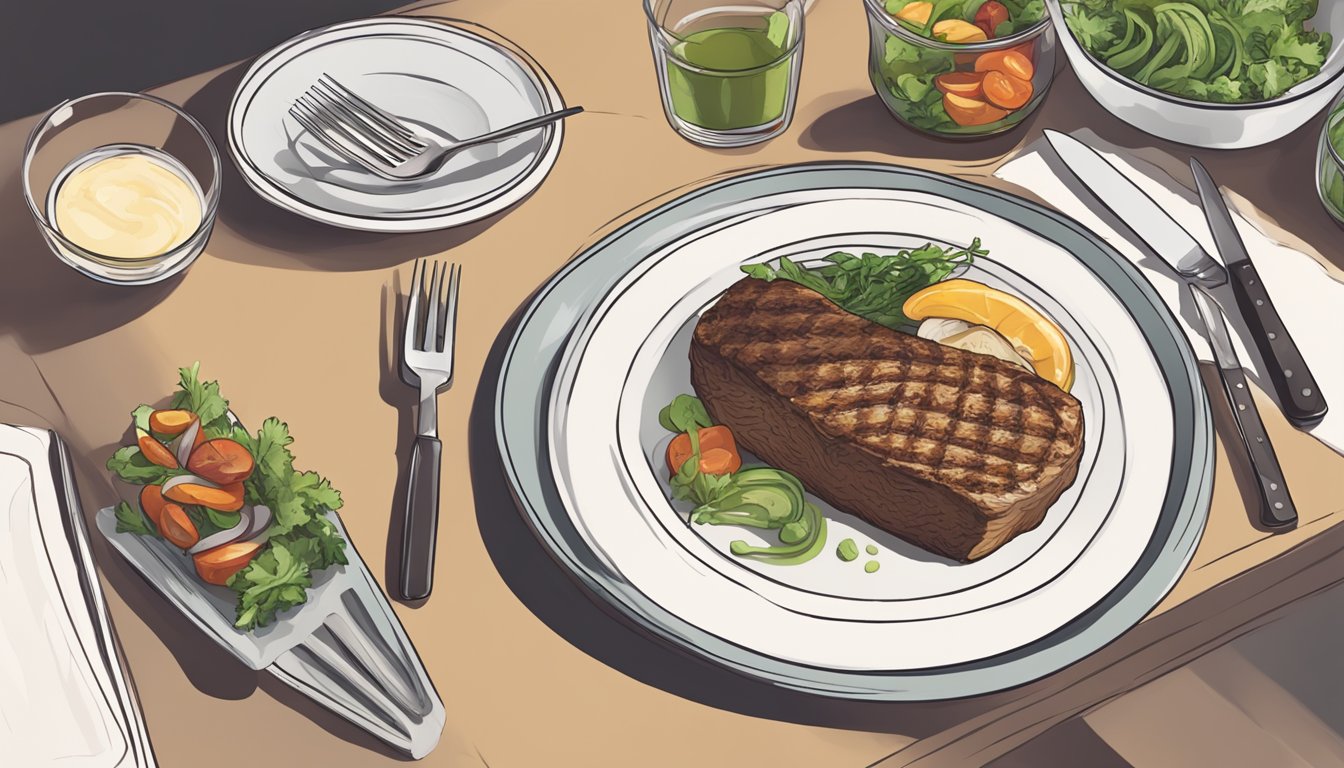 A carnivore diet meal being prepared and served on a table with a plate, knife, and fork