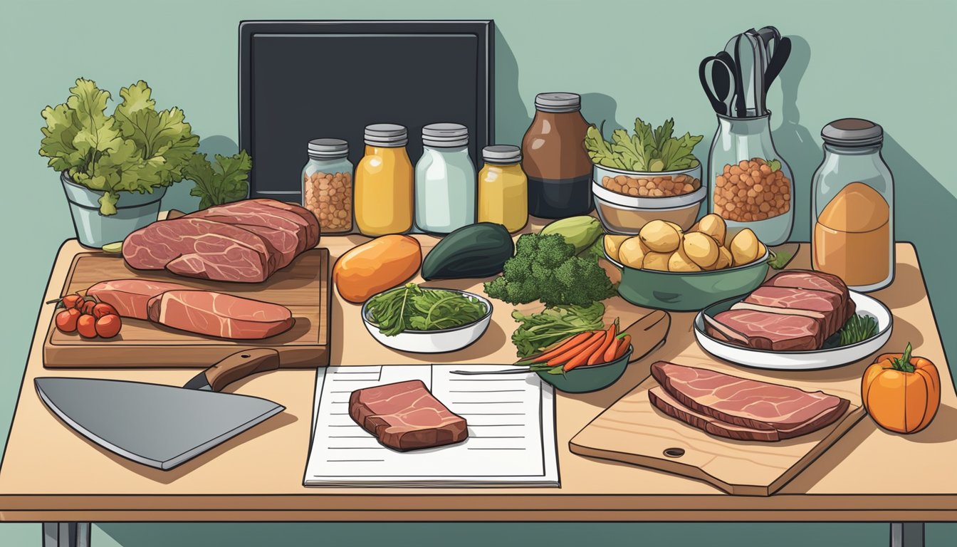 A kitchen counter with various raw meats, cutting board, and knives. A calendar with meal prep schedule and grocery list