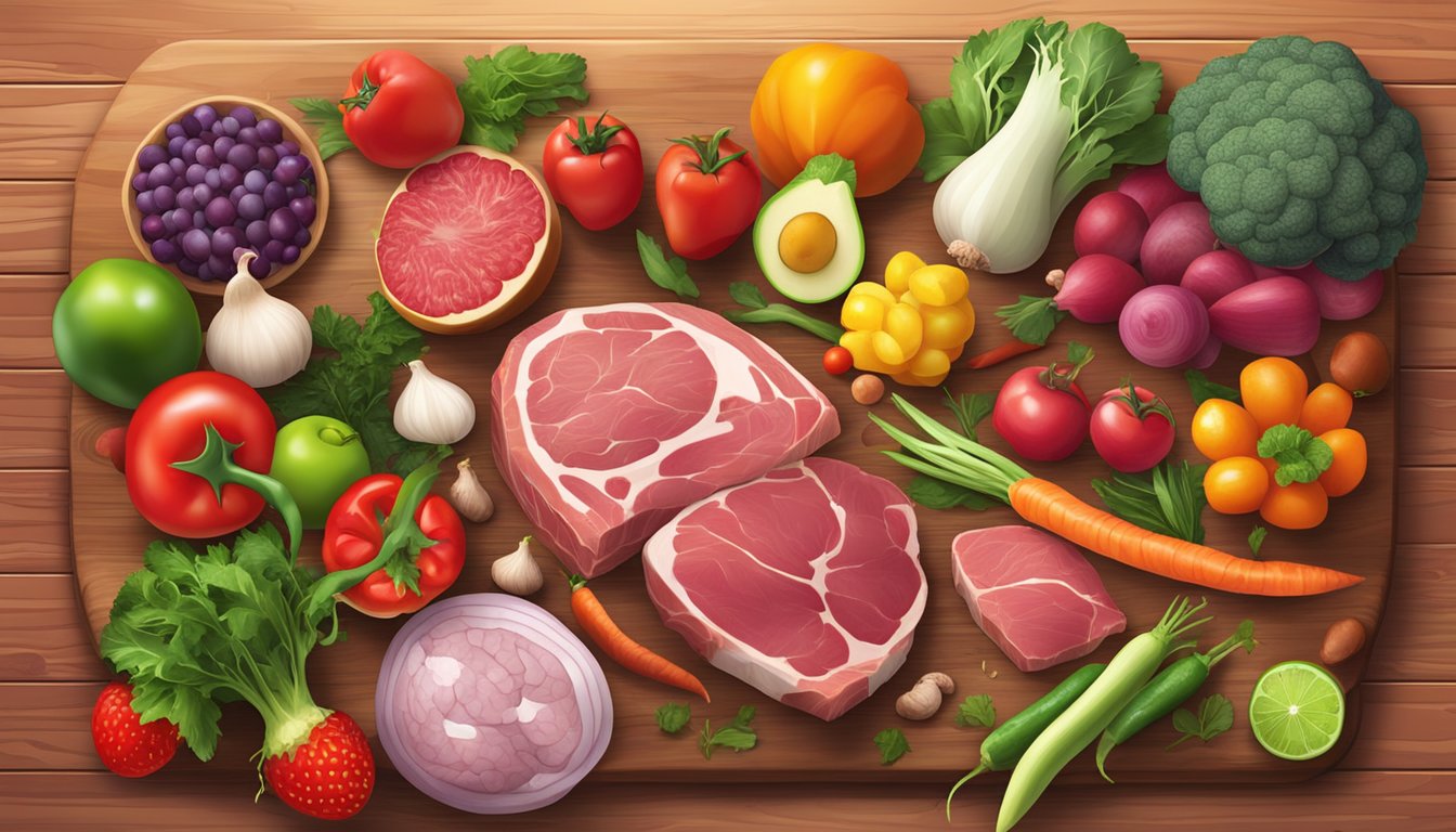 A variety of fresh, raw meats and organs arranged on a wooden cutting board, surrounded by vibrant, colorful vegetables and fruits