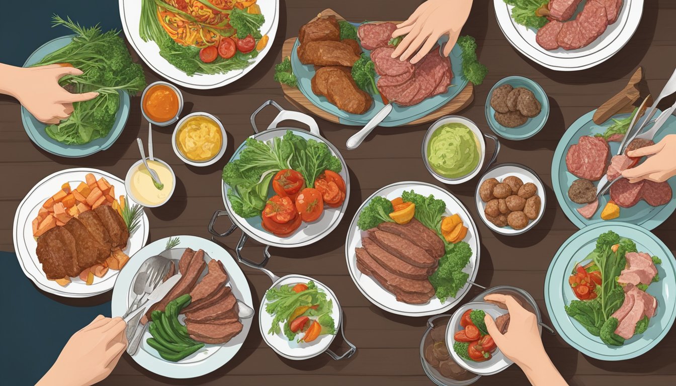 A table set with multiple servings of meat and vegetables, with a person's hand reaching for a plate