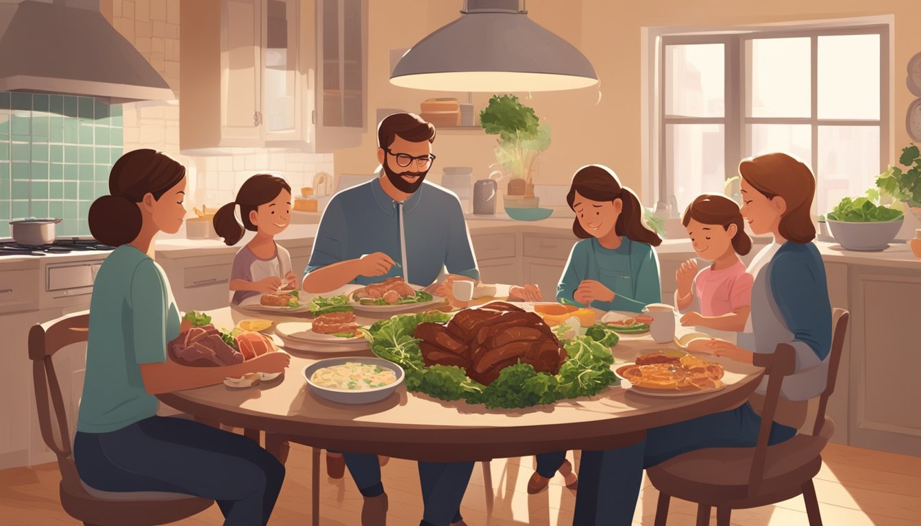 A family sits around a table with plates filled with meat, eggs, and leafy greens. A large pot of bone broth simmers on the stove