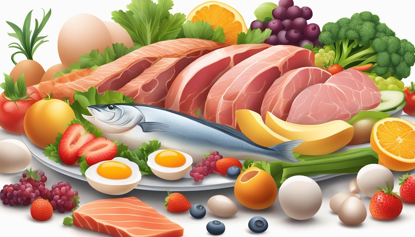 A variety of fresh meats, fish, and eggs arranged on a plate, surrounded by colorful fruits and vegetables