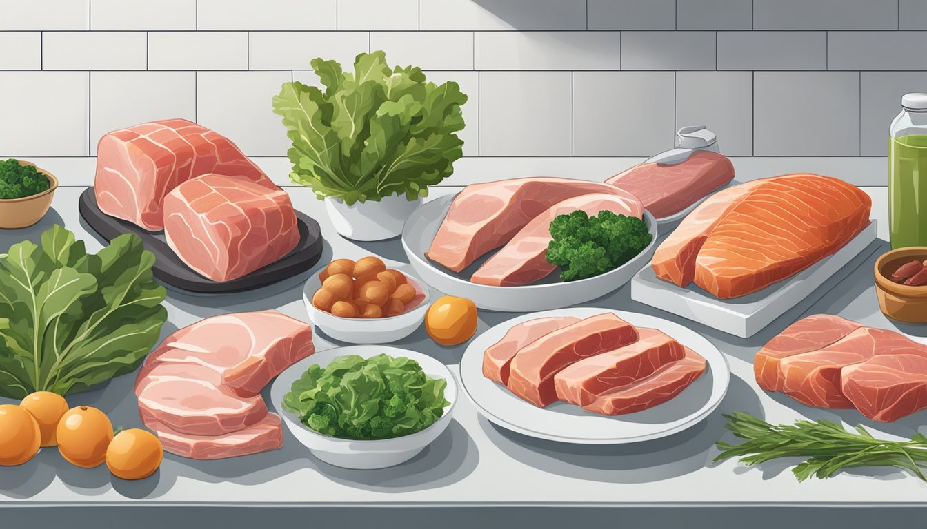 A variety of fresh meats, fish, and leafy greens arranged on a clean, organized kitchen counter