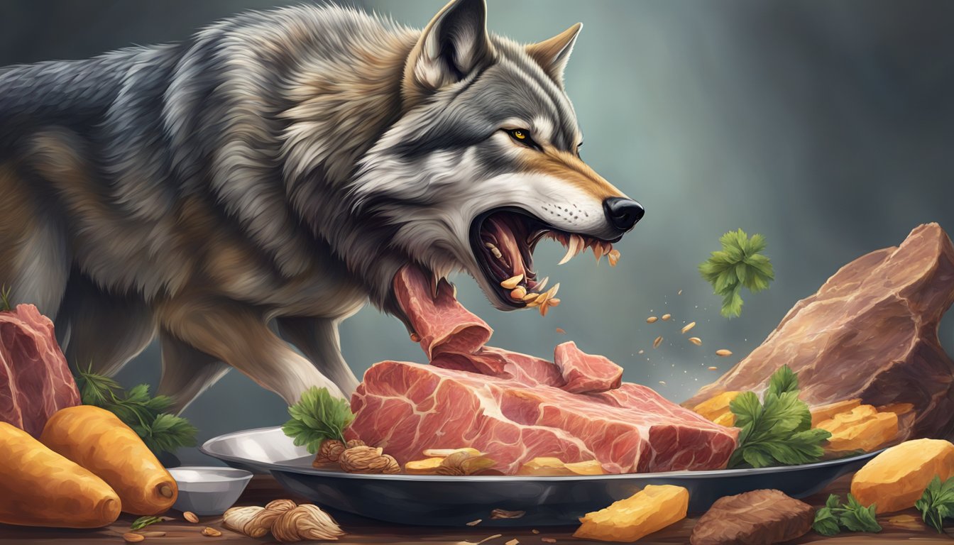 A wolf devouring a fresh kill, tearing into the meat with powerful jaws, while its body absorbs essential nutrients from fats and proteins