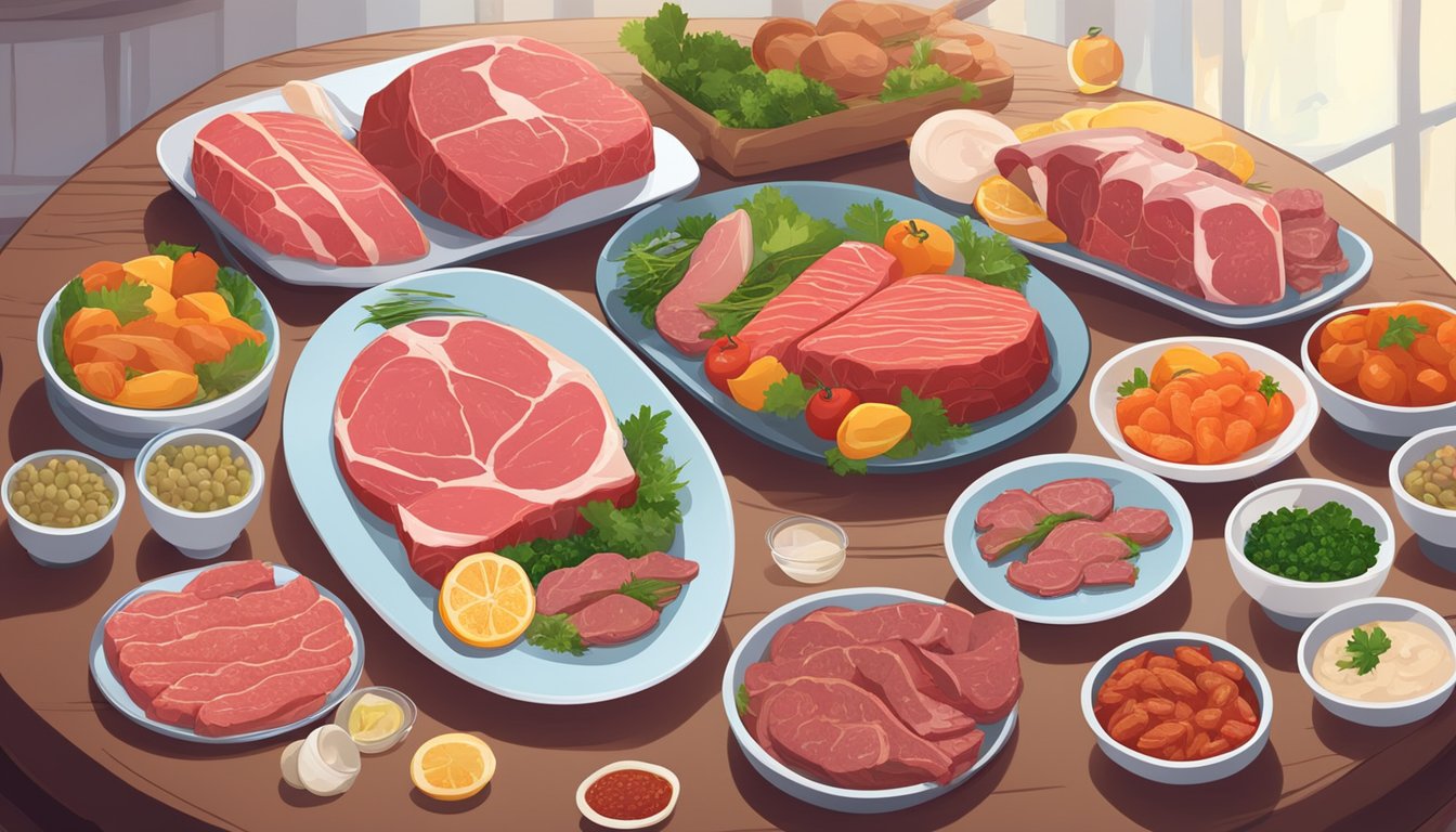 A table set with a variety of raw meats, including beef, poultry, and fish, surrounded by digestive enzymes and a clock showing optimal meal times