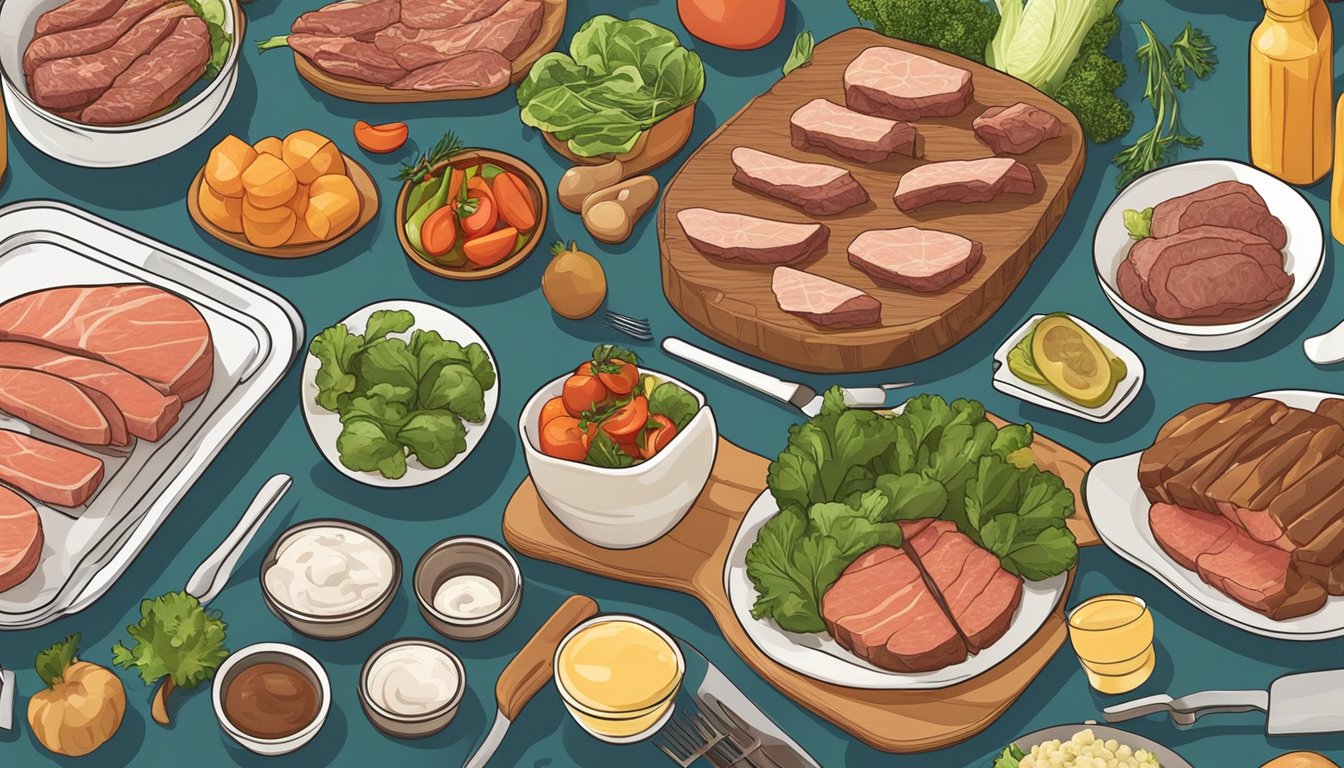 A dining table with various cuts of meat, vegetables, and cooking utensils laid out for meal planning