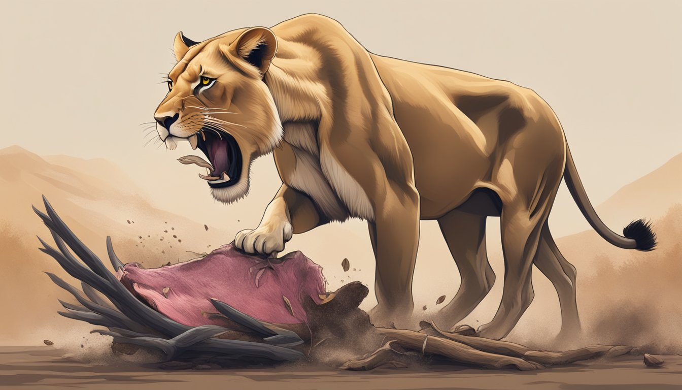 A lioness feasting on a freshly caught wildebeest, tearing into the flesh to maximize nutrient uptake from the raw meat