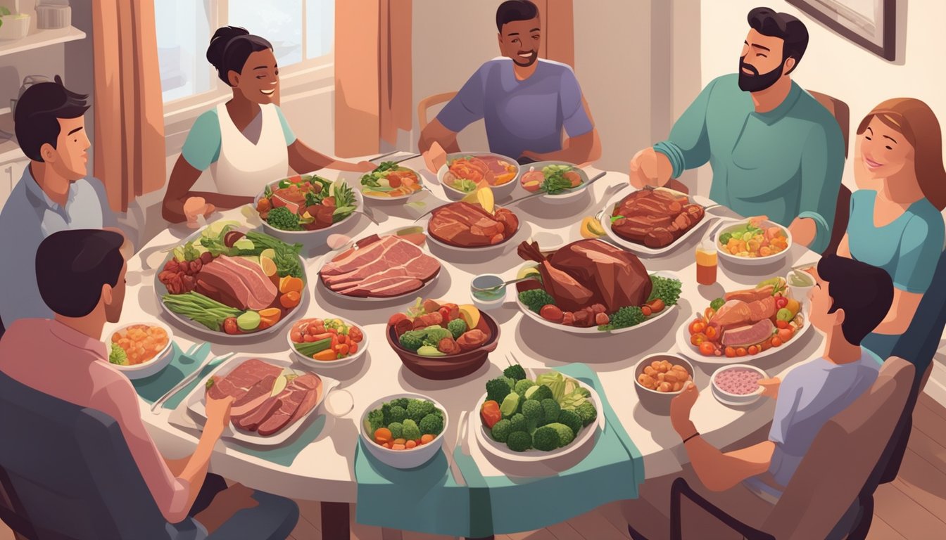 A family gathering around a dining table with plates filled with various meats, vegetables, and fruits, while discussing meal planning for a carnivore diet