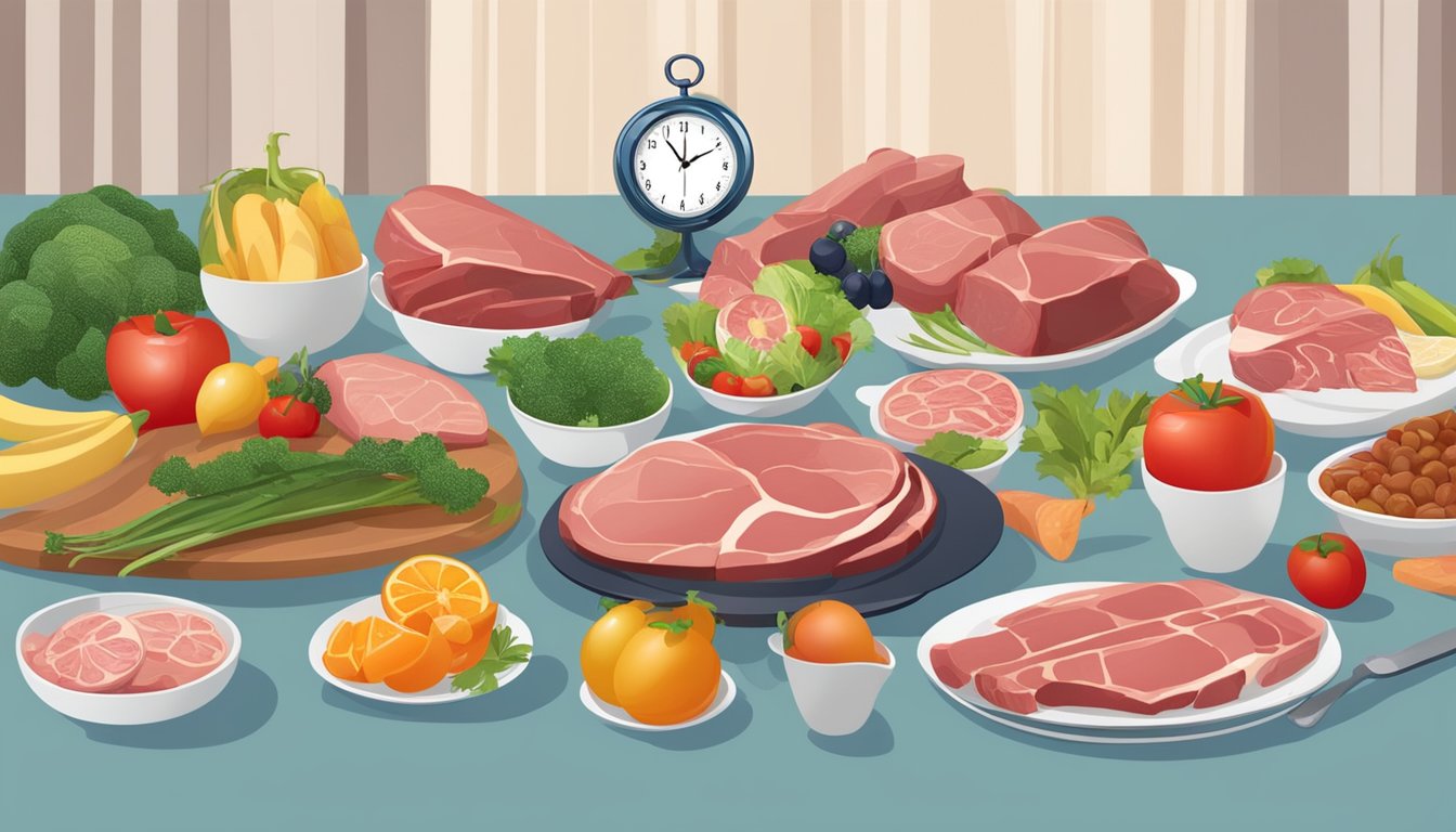 A table set with various cuts of meat, vegetables, and fruits, with a clock in the background showing different meal times