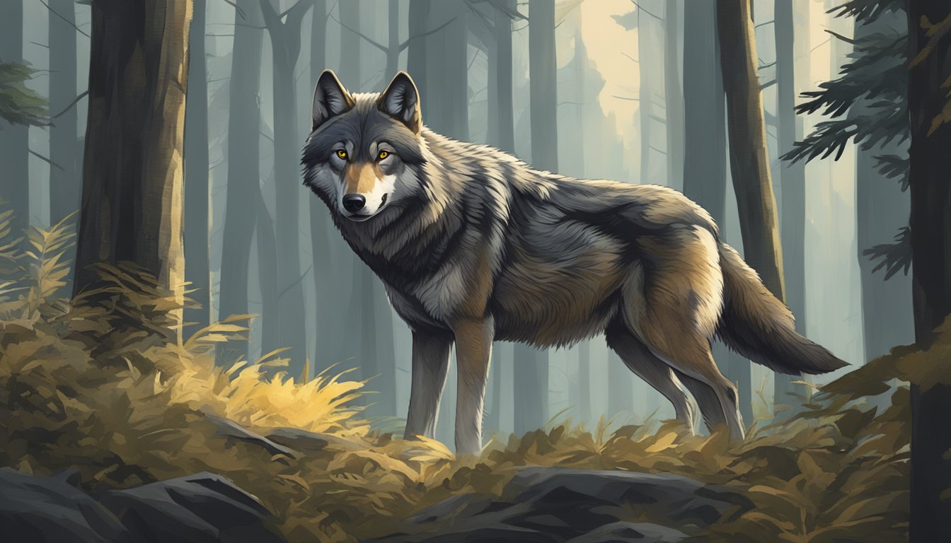 A wolf prowls through a dense forest, hunting for prey. Its keen eyes scan the underbrush as it navigates the challenges of the carnivore diet, maximizing nutrient uptake