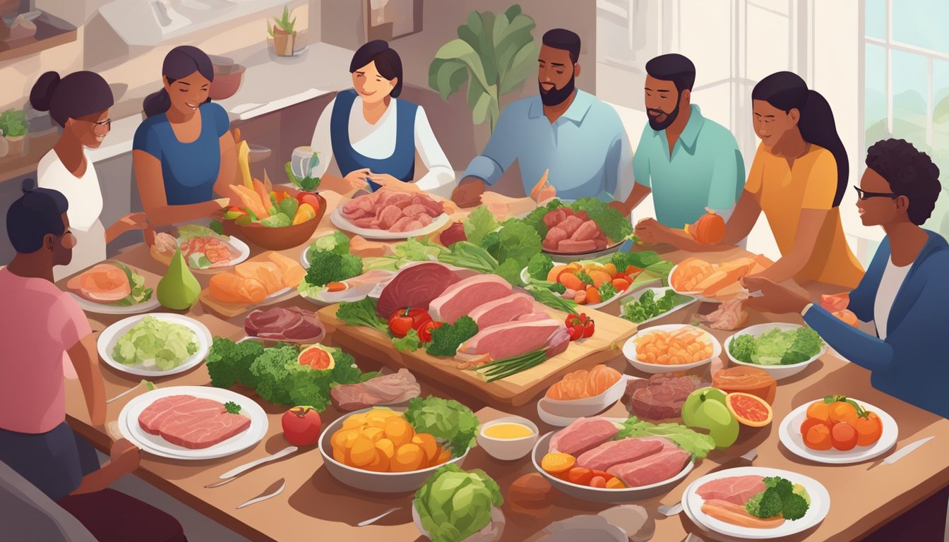 A dining table with a variety of fresh meats, vegetables, and fruits arranged for meal planning. Family members are engaged in conversation and meal preparation