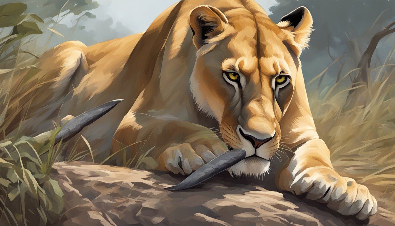 A lioness crouches over a fresh kill, tearing into the flesh with powerful jaws and sharp teeth. Surrounding her, other carnivores wait patiently for their turn to feast