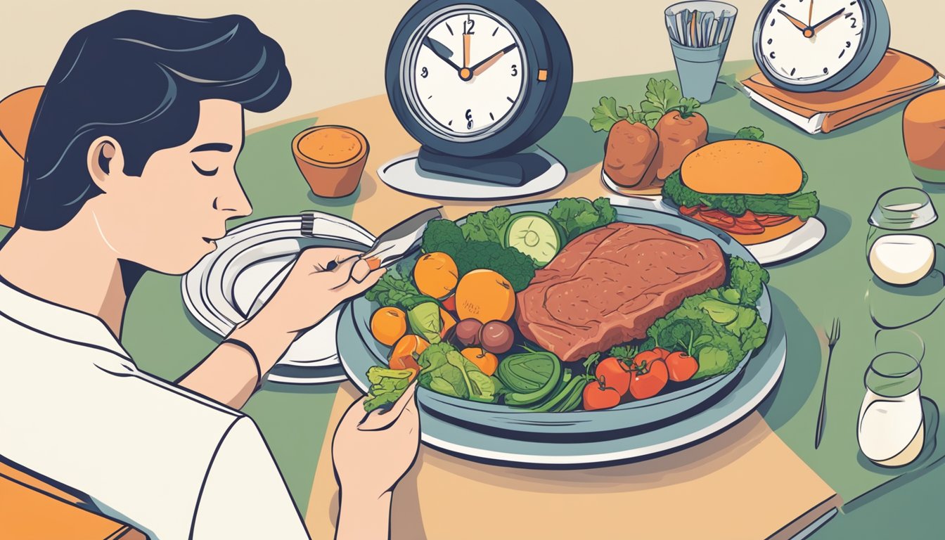 A person eating a meal of meat and vegetables at a specific time of day, with a clock showing optimal digestion time