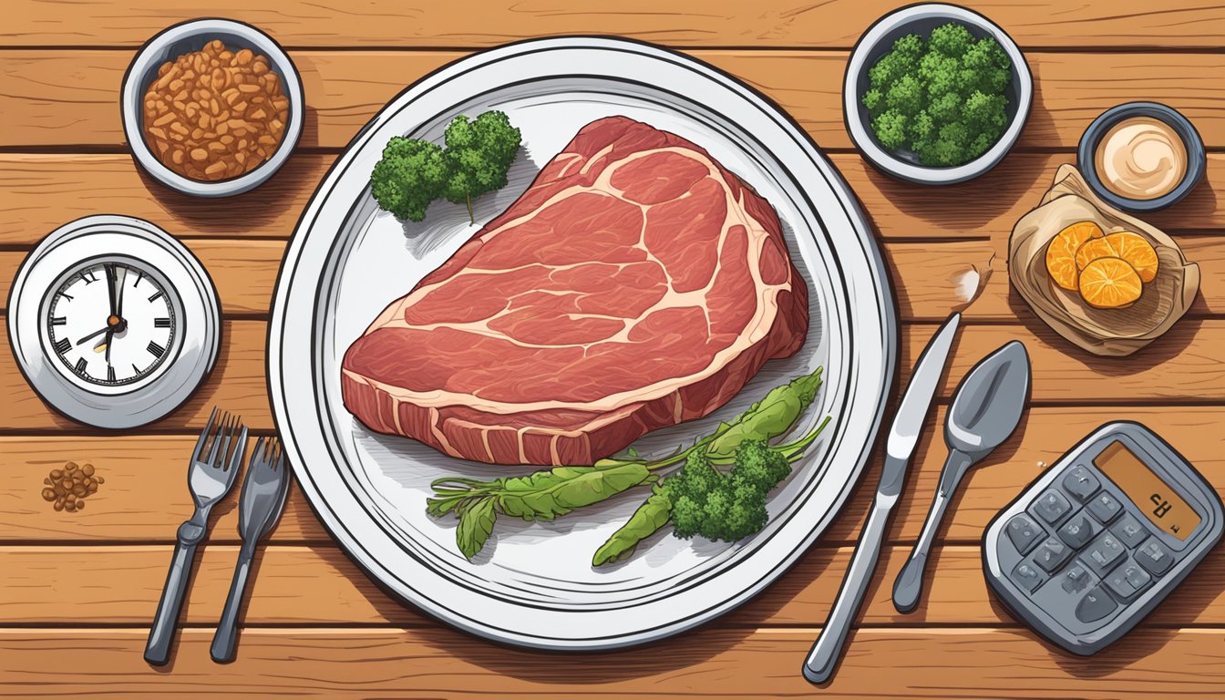 A carnivore's meal timing scene: A large plate of raw meat placed on a wooden table, surrounded by digestive enzymes and a clock indicating optimal digestion time