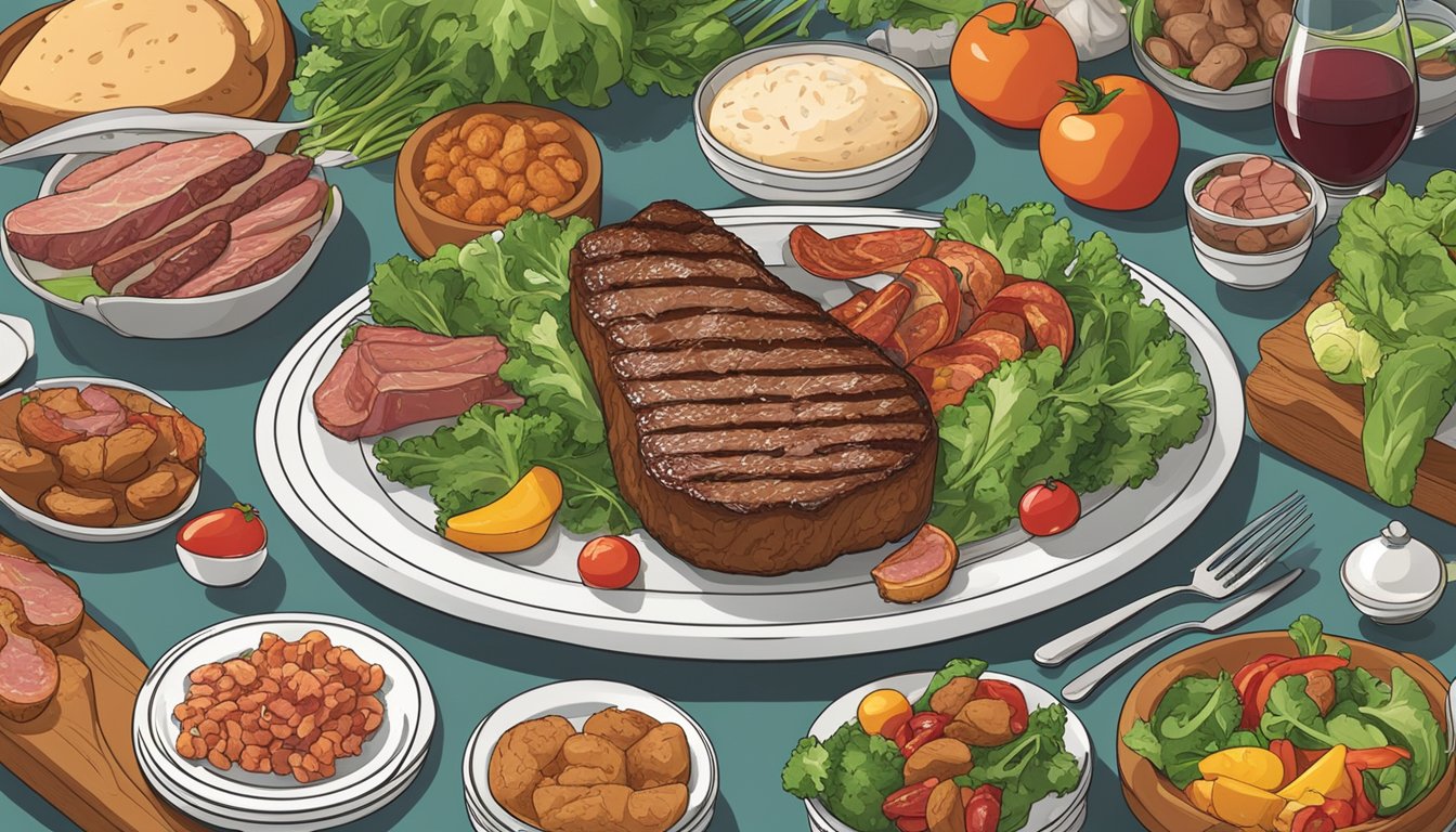 A plate with a variety of meats, including steak, bacon, and sausage, surrounded by leafy greens and colorful vegetables. A clock on the wall shows it's mealtime