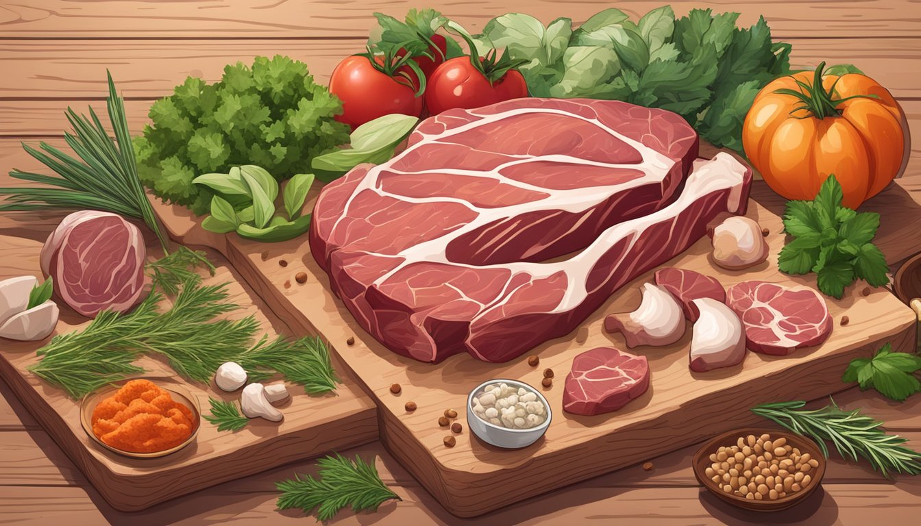 A carnivore diet scene with various cuts of meat, bones, and raw animal products on a wooden cutting board surrounded by fresh herbs and spices